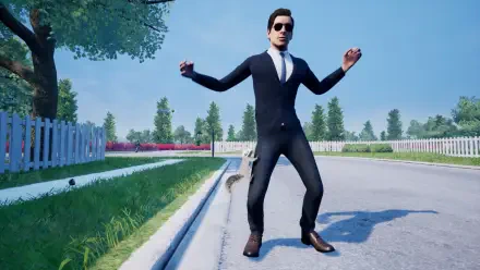A stylized image featuring a character in a suit and sunglasses dancing on a street, alongside a squirrel with a gun, representing the game Squirrel with a Gun. HD desktop wallpaper.
