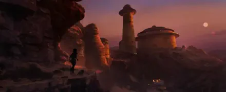A high-definition desktop wallpaper featuring artwork from the video game Star Wars Outlaws, capturing the essence of the vast Star Wars universe.