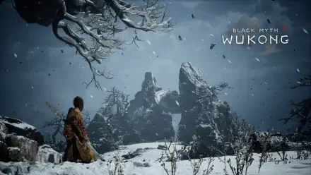 4K Ultra HD desktop wallpaper from Black Myth: Wukong featuring a lone figure in a snowy, mountainous landscape under a dark, stormy sky.