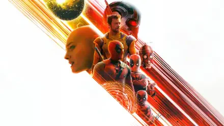 4K Ultra HD PC desktop wallpaper featuring Deadpool and Wolverine among other Marvel characters with dynamic, vibrant diagonal streaks of light.