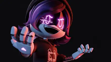 A vibrant HD desktop wallpaper featuring Uzi Doorman from the TV show Murder Drones, showcasing a stylized character with purple hair and neon eyes in an engaging pose.
