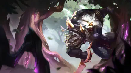 A dynamic 4K Ultra HD wallpaper featuring Rengar from League of Legends, showcasing his fierce character amidst a vibrant, forested backdrop.
