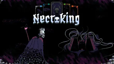 HD desktop wallpaper featuring the video game Necroking, showcasing a skeletal figure with a crown and dark, mystical elements in a dramatic, atmospheric setting.