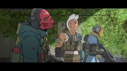 Stylized artwork from the video game Spectre Divide featuring three characters in tactical gear, set against a backdrop of lush greenery, serves as a vibrant HD PC desktop wallpaper.