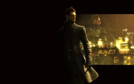 HD PC desktop wallpaper featuring a character from the video game Deus Ex: Human Revolution with a futuristic cityscape reflected behind him.