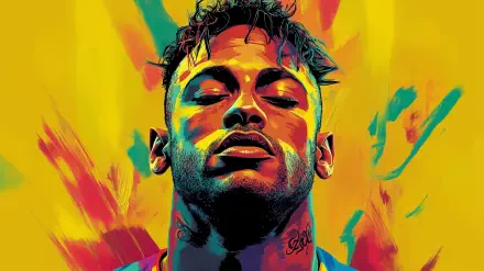 Vibrant HD desktop wallpaper featuring Neymar, capturing his intense expression against a colorful backdrop, embodying the spirit of soccer.