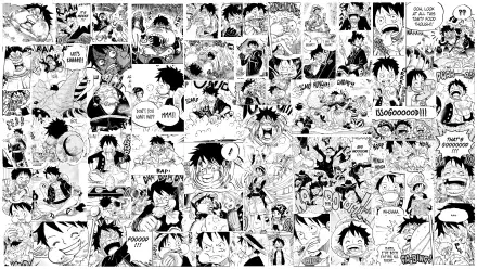 Collage of 4K Ultra HD One Piece manga panels featuring Monkey D. Luffy in various expressions and moments, including Gear 5 transformations and iconic scenes.