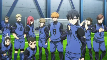 HD PC desktop wallpaper featuring the main characters from the anime Blue Lock in their blue soccer uniforms on a field with stadium lighting.