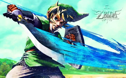 HD PC desktop wallpaper of the video game The Legend of Zelda: Skyward Sword — Link lunging with a blue energy-swept sword against a bright sky and the game logo.