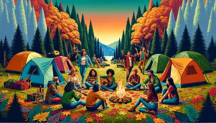 A vibrant camping scene featuring a diverse group of people gathered around a campfire, surrounded by colorful tents and autumn trees, set against a stunning landscape. 4K Ultra HD wallpaper.