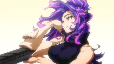 Anime-style 4K Ultra HD desktop wallpaper of Lady Nagant from My Hero Academia (Boku No Hero Academia) with vibrant purple hair and a confident pose.