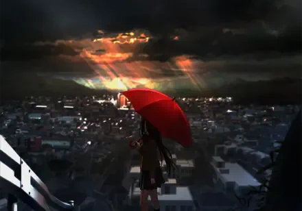 Aoko Aozaki stands with a red umbrella against a dramatic skyline, with sunlight piercing through dark clouds. This HD wallpaper captures the essence of Mahōtsukai no Yoru.