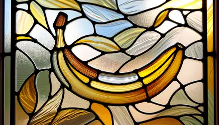 A vibrant stained glass depiction of a banana surrounded by leaves, presented as a 4K Ultra HD PC desktop wallpaper and background.