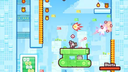 Colorful HD wallpaper featuring action from the video game Grapple Dogs: Cosmic Canines, showcasing dynamic gameplay with characters navigating through a vibrant, pixelated world filled with challenges.