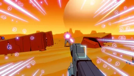 A vibrant HD wallpaper from the video game Wild Bastards, featuring a gun aiming at a distant target amidst a striking orange landscape and dynamic laser beams.
