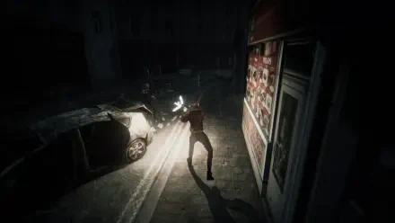A character battles a shadowy figure in a dark, urban setting, illuminated by light from a nearby building. This HD wallpaper embodies the atmosphere of the video game Hollowbody.