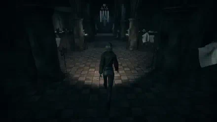 A dark, atmospheric scene from the video game Hollowbody, featuring a character exploring a dimly lit corridor with gothic architecture, suitable as a high-definition PC desktop wallpaper.