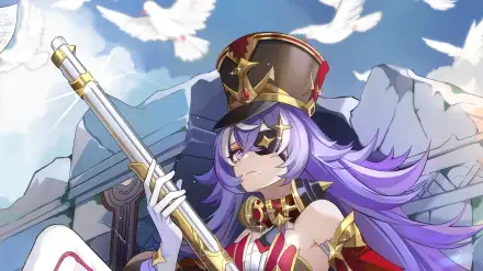 A detailed HD wallpaper featuring Chevreuse from Genshin Impact, showcasing her in a striking outfit with a rifle, set against a backdrop of doves and mountains.