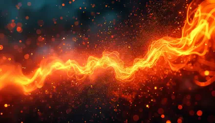 A vibrant 4K Ultra HD PC desktop wallpaper featuring a dynamic wave of fiery orange light amidst a backdrop of shimmering particles and deep blues.