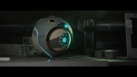 A sleek, futuristic robotic sphere sits on a table, illuminated by blue and green lights, in a dark, high-tech environment inspired by the video game EVOTINCTION.