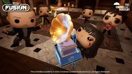 HD wallpaper featuring Funko Fusion characters from a video game, showcasing a scene with a gramophone and stylized figures in a dramatic setting.