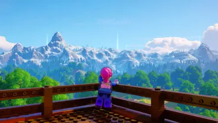 HD PC desktop wallpaper featuring a LEGO Fortnite character overlooking a lush forest with snowy mountains and a bright blue sky in the background.