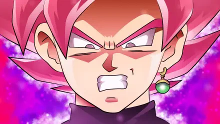HD wallpaper of Black Goku from Dragon Ball Super, transformed into Super Saiyan Rosé, showcasing his fierce expression against a vibrant purple background.