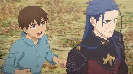 A vibrant anime scene featuring a cheerful boy in a light blue shirt interacting with a serious-looking man in ornate armor. This HD wallpaper captures their contrasting emotions beautifully.