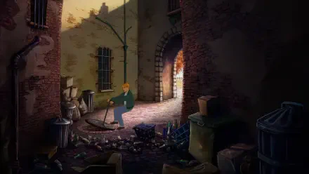 A scene from Broken Sword - Shadow of the Templars: Reforged, showcasing a character exploring a gritty alleyway littered with debris, creating an engaging ambiance for a desktop wallpaper.