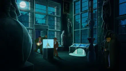 A scene from the video game *Broken Sword - Shadow of the Templars: Reforged*, depicting characters exploring a dimly lit museum filled with intriguing artifacts and shadows.