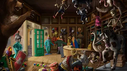 A vibrant HD wallpaper from Broken Sword - Shadow of the Templars: Reforged, featuring an eclectic room filled with whimsical props, toys, and characters.