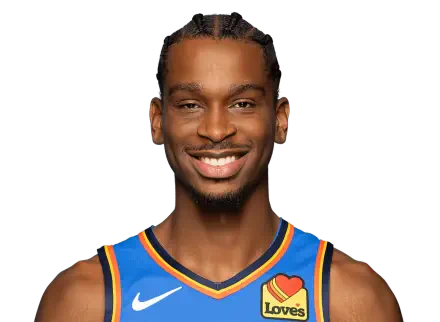 Shai Gilgeous-Alexander smiles in a vibrant Oklahoma City Thunder jersey against a simple background, capturing the energy of the NBA in a striking HD desktop wallpaper.