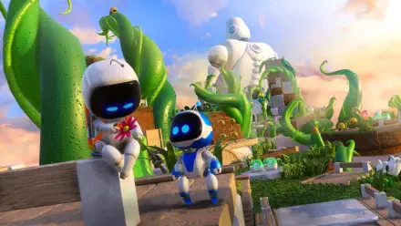 HD PC desktop wallpaper featuring characters from the video game Astro Bot Rescue Mission in a vibrant, colorful garden setting with lush greenery and a bright sky.