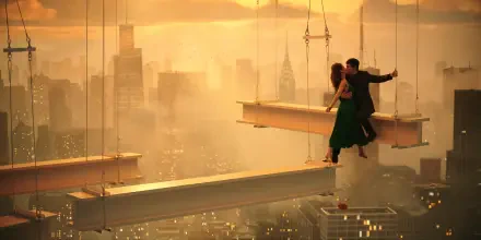 A stunning HD wallpaper from the movie Megalopolis (2024), featuring a dramatic sunset backdrop with a couple perched on a construction beam high above a cityscape.