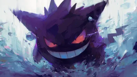 A vibrant 4K Ultra HD wallpaper featuring Gengar, the ghost-type Pokémon, emerging playfully from water with a mischievous grin and dynamic colors.