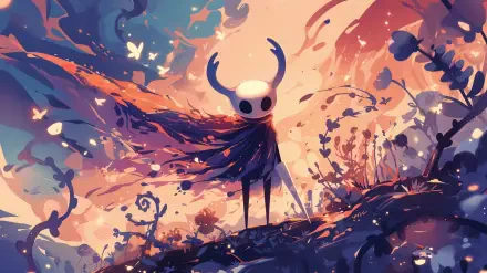 A stunning 4K Ultra HD wallpaper featuring the main character from the video game Hollow Knight, surrounded by vibrant colors and whimsical nature elements.