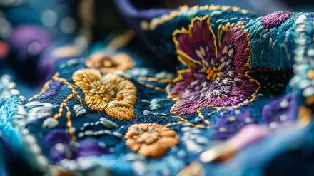 Close-up of vibrant embroidery featuring intricate floral designs in various colors. A 4K Ultra HD PC desktop wallpaper showcasing detailed textile art.