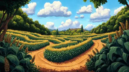 A vibrant corn maze stretches across a sunny landscape, with winding paths surrounded by lush cornfields and fluffy clouds above, designed as a stunning 4K Ultra HD desktop wallpaper.