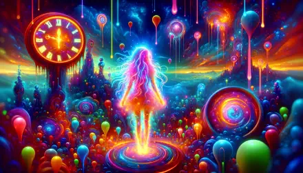 A vibrant, surreal 4K Ultra HD desktop wallpaper featuring a neon girl surrounded by colorful abstract and fantasy elements in a glowing, dreamlike landscape.
