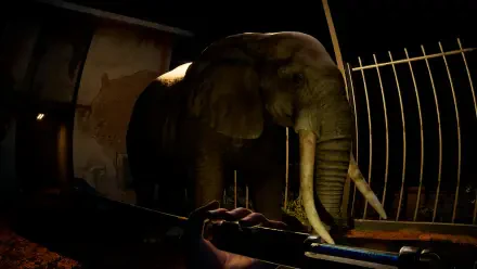 A dramatic scene from the video game Zoochosis features a close-up of an elephant against a dark backdrop, highlighting the tension and atmosphere of the HD PC desktop wallpaper.