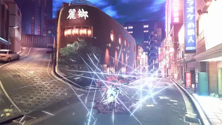 A vibrant HD PC desktop wallpaper featuring a dynamic scene from the video game Reynatis, showcasing a bustling city street illuminated by bright lights and explosive effects.