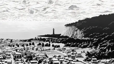 Black and white HD PC desktop wallpaper from the anime Uzumaki: Spiral Into Horror, depicting a town with a lighthouse under a swirling, eerie sky.