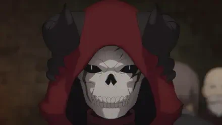A dramatic HD wallpaper featuring the character from The Strongest Magician in the Demon Lord's Army Was a Human, showcasing a sinister figure with a skull mask and red hood.