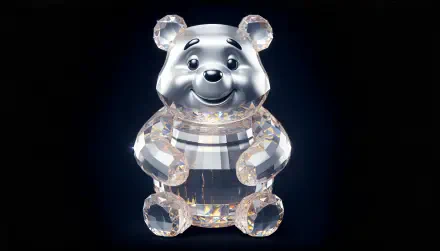 A whimsical crystal figurine of Winnie the Pooh, designed as a 4K Ultra HD desktop wallpaper and background, showcasing its playful charm and elegance against a dark backdrop.