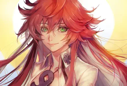 A vibrant HD wallpaper featuring a character from the video game Guilty Gear Strive, showcasing striking red hair and green eyes against a bright background.