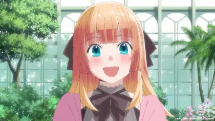 A cheerful anime character with orange hair and blue eyes smiles brightly in a lush, green garden, featured in As a Reincarnated Aristocrat I’ll Use My Appraisal Skill to Rise in the World.