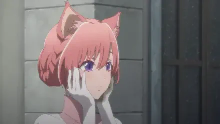 An enchanting anime character with pink hair and cat ears, expressing intrigue. This HD PC desktop wallpaper captures a moment from Bye Bye Earth.