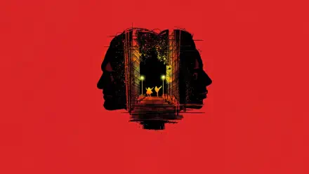 4K Ultra HD wallpaper featuring silhouettes of Joker and Harley Quinn from the movie Joker: Folie à Deux against a bold red background.