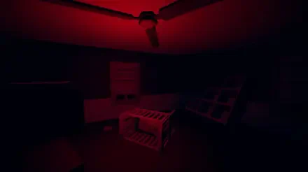 Dark, red-lit room from the video game Moving Houses, shown as an HD PC desktop wallpaper and background.