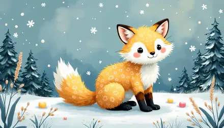 Cartoon-style Arctic fox with fluffy tail sits in a snowy winter forest, surrounded by falling snowflakes in a vibrant 4K Ultra HD desktop wallpaper.